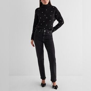 NWT Express High Waisted Black Rhinestone Button Modern Straight Jeans